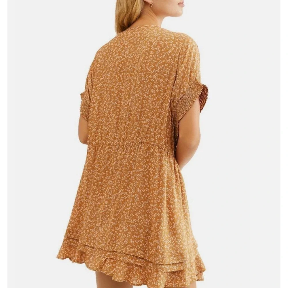 Free People One Fine Day Dress Womens XS Yellow Floral Pintuck Boho $128